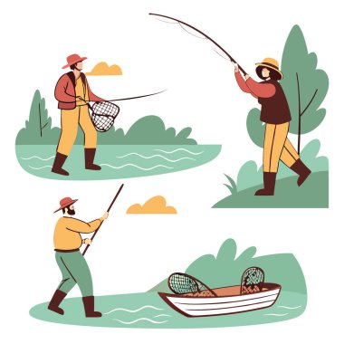 Renkli Balık İllüstrasyonu. Çeşitli Teknikler ve Açık Hava Engellileri İçin Ekipman ve Teknikler. Yapay zeka üretildi. Vektör simgesi