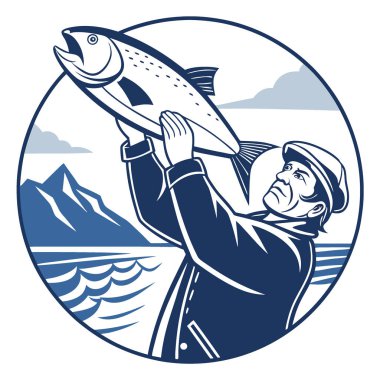 Deneyimli bir balıkçı taze yakalanmış bir balığı tutuyor. Yapay zekanın yarattığı engebeli kıyı şeridi ve derin mavi deniz. Vektör simgesi