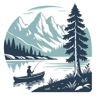Dağlarla çevrili sakin bir göl kenarında sakin bir balıkçılık sahnesi. Yapay zekanın yarattığı doğanın özünü ve rahatlamayı yakalamak. Vektör simgesi