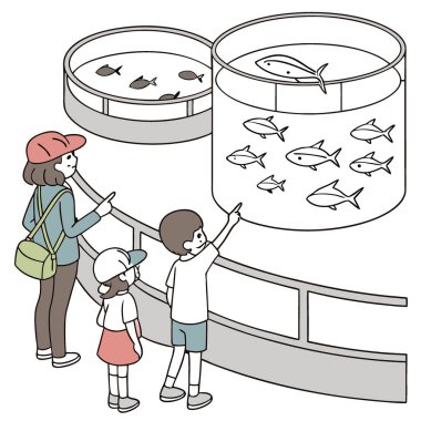 Okul gezisindeki çocuklar balık çiftçiliğini gözlemliyor. Büyük akvaryumlardaki balıkları ve süreci açıklayan bir rehberi izlemek. Yapay zeka üretildi. Vektör simgesi