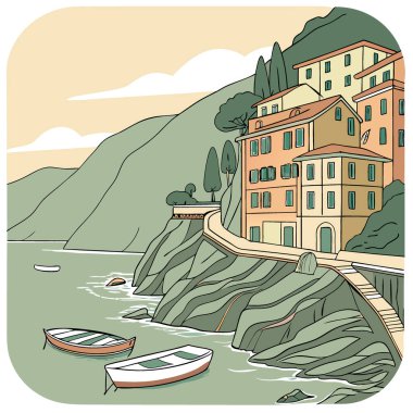 Huzurlu balıkçı köyü Riomaggiore kayalık renkli binalar Cinque Terre Sahili. İtalyan Akdeniz Avrupası. Yapay zeka üretildi. Vektör simgesi