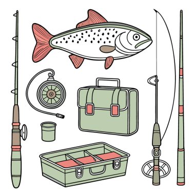Balık resimleriyle düzenlenmiş çeşitli balıkçılık ekipmanları ve aletleri. Balıkçıların ihtiyaçları için çeşitli eşyalar gösteriliyor. Yapay zeka üretildi. Vektör simgesi