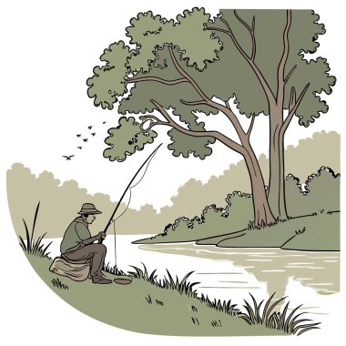 Huzurlu bir nehir kıyısında huzurlu bir balık avı. Olta ve olta takımı olta atmak için hazırlandı. Balıkçının geri çekilme tarzı. Yapay zeka üretildi. Vektör simgesi