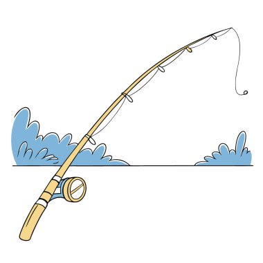Mavi ve altın balıkçı oltası güneşli bir günde kısmen bir göle batmış. Olta ipi. Sakin su. Sakin bir atmosfer. Yapay zeka üretildi. Vektör simgesi