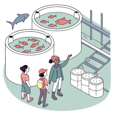 Okul gezisindeki çocuklar balık çiftçiliğini gözlemliyor. Büyük akvaryumlardaki balıkları ve süreci açıklayan bir rehberi izlemek. Yapay zeka üretildi. Vektör simgesi