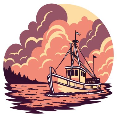 Gün batımında dramatik bulutlar ve canlı renklerle balıkçı teknesi manzaralı okyanus manzarasında su yüzeyine yansıyor. Yapay zeka üretildi. Vektör simgesi