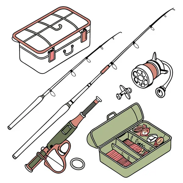 Balıkçılık Vitesi Çizimi. Kancalar. Çubuklar. Makaralar. Alet çantası. ve daha fazlası. Yapay zeka üretildi. Vektör simgesi