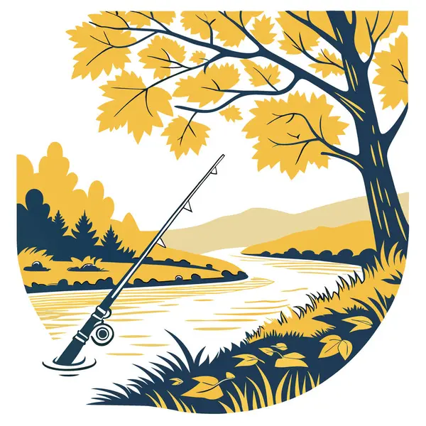 Sakin bir nehrin kenarında dinlenen olta kamışı. Sonbahar yapraklarıyla çevrili yapay zeka üretildi. Vektör simgesi