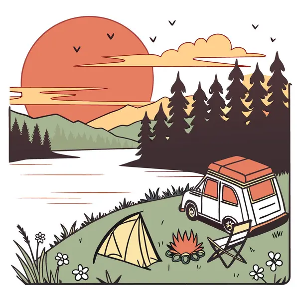 Gün batımı manzarası. Göl. Orman. Çadır. Araç. Çiçekler. Sandalyeler. Kamp ateşi... yapay zeka üretildi. Vektör simgesi