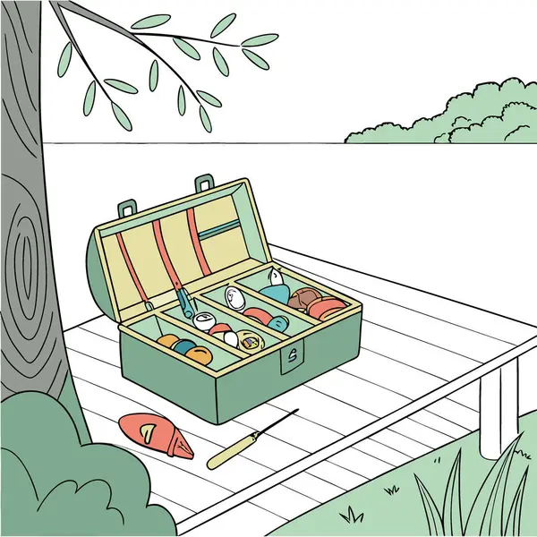 Ahşap iskelede renkli yem ve ekipmanlarla dolu bir olta kutusu. Yapay zeka üretildi. Vektör simgesi