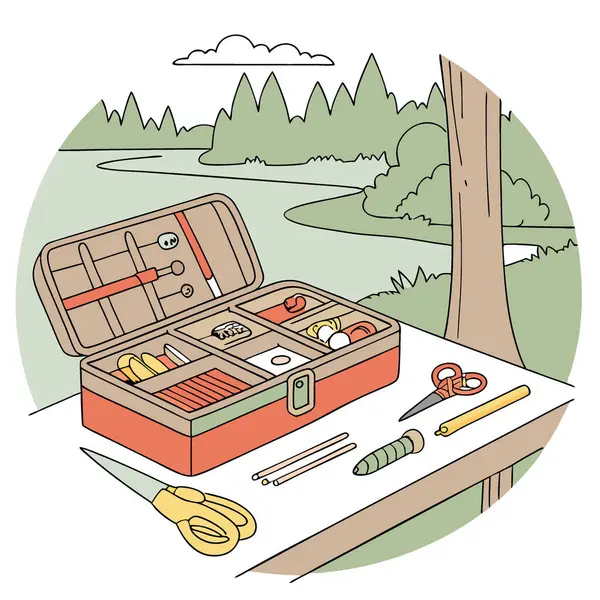 Göl kıyısındaki bir atölyede olta takımı ve aksesuarlarla dolu bir alet çantası. Yapay zeka üretildi. Vektör simgesi