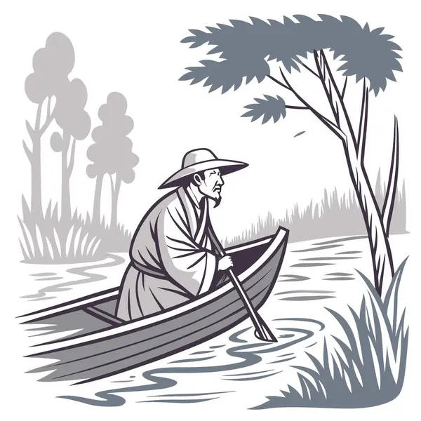 Geleneksel giyinmiş yaşlı bir adam bir tekne resiminde oturuyor. Yapay zeka üretildi. Vektör simgesi