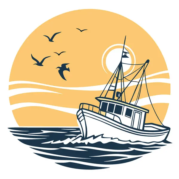 Gün batımında gökte martılarla yelken açan balıkçı teknesi. Huzurlu okyanus manzarası yapay zeka üretildi. Vektör simgesi