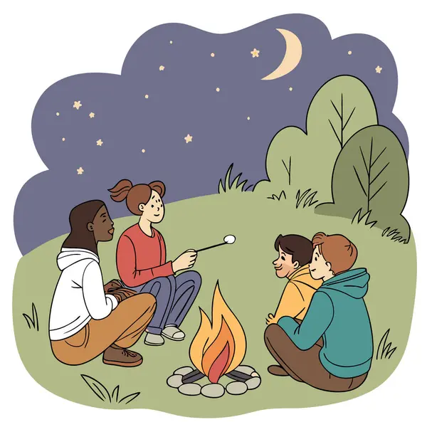Grup dört kişi kamp ateşi etrafında otlak arazisinde İşçi Bayramı 'nda kamp yapıyor. Yapay zeka üretildi. Vektör simgesi