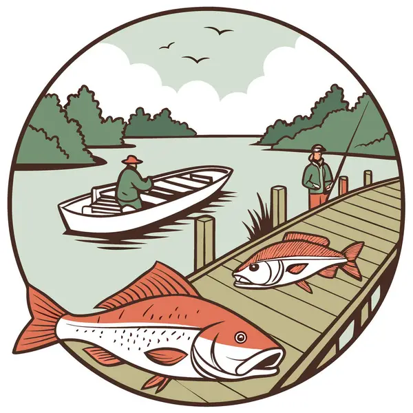 Kırmızı balıkla başarılı bir balık avının panoramik görüntüsü. Morina balığı. ve Lumpfish Catch. Yapay zeka üretildi. Vektör simgesi