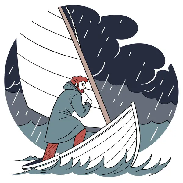 Fırtınalı bir günde mavi yağmurluklu kızıl saçlı bir adam okyanusta bir teknede yelken açıyor. Yapay zeka üretildi. Vektör simgesi
