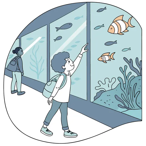 Okul gezisi sırasında akvaryum sergisinde çocuk holografik balıklarla etkileşime giriyor. Yapay zeka üretildi. Vektör simgesi
