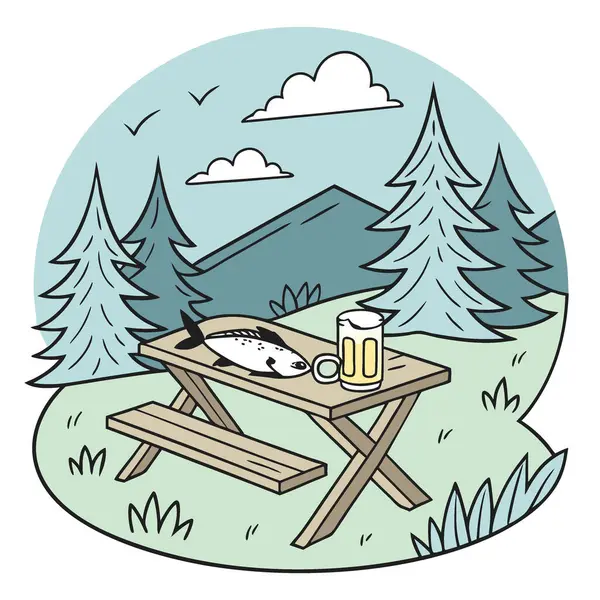 Kamp masasında balık ve bira. Doğanın Güzelliği ile Kırsal Macera Sahnesi. Yapay zeka üretildi. Vektör simgesi
