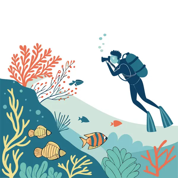 Bitkilerle dolu sualtı manzarası. Balık. Dalış. Fotoğrafçılık. Vahşi yaşam. Okyanus seyahati yapay zeka üretildi. Vektör simgesi