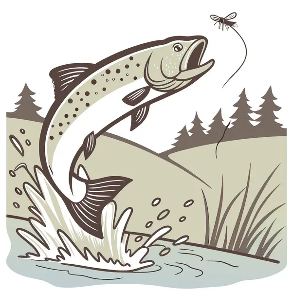 Ağzında bir balık sineğiyle sudan atlayan alabalık. Mid-Catch yakalandı. Yapay zeka üretildi. Vektör simgesi