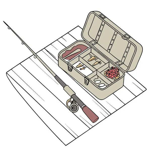 Tahta bir yüzeyde duran bir olta ve olta kutusu. Yapay zekanın oluşturduğu bir balık avı gezisine hazırım. Vektör simgesi