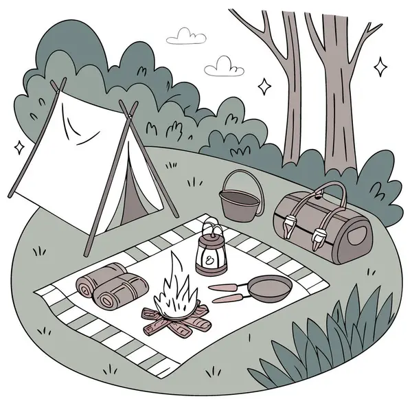 Kamp malzemeleri ateşin etrafına dizilmiş. Yapay zekanın ürettiği kumaş üzerinde alet ve çantalar vardı. Vektör simgesi