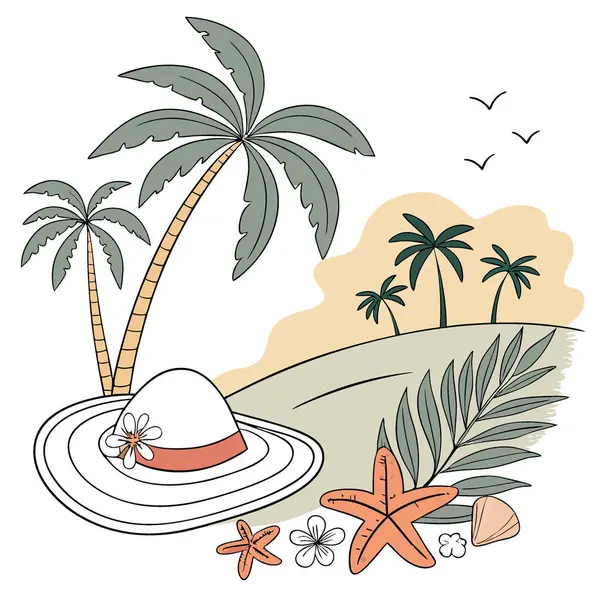 Tropikal aksanlı plaj geri çekilme teması. güneş şapkası. Ve güneşli sahilde deniz kabuğu dekoru. Yapay zeka üretildi. Vektör simgesi