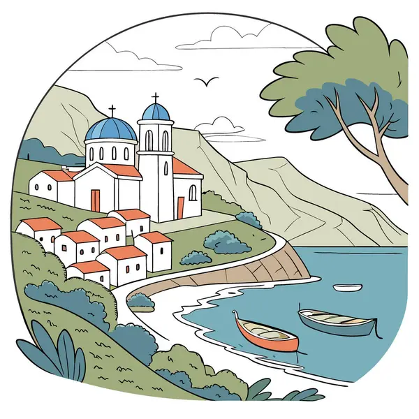 Girit 'teki Agia Galini köyünün ünlü küçük balıkçı limanıyla manzarası. Yapay zeka üretildi. Vektör simgesi