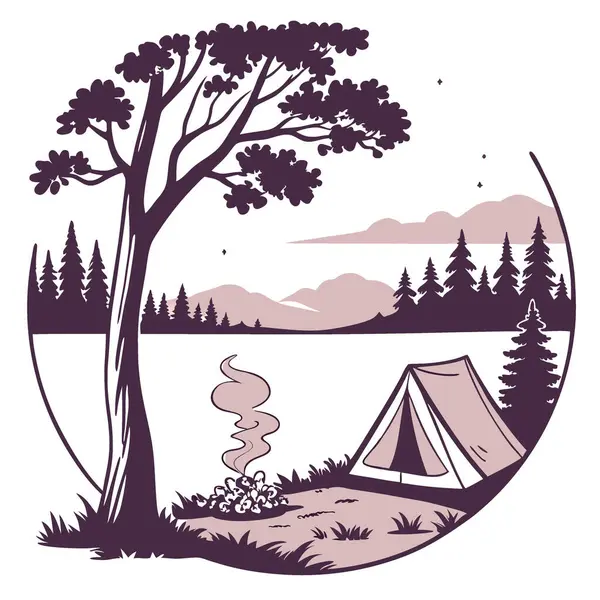 Huzurlu bir göl kenarında çadır. Kamp ateşi ve suya yansıyan ağaçların olduğu alacakaranlık sahnesi yapay zeka oluşturdu. Vektör simgesi