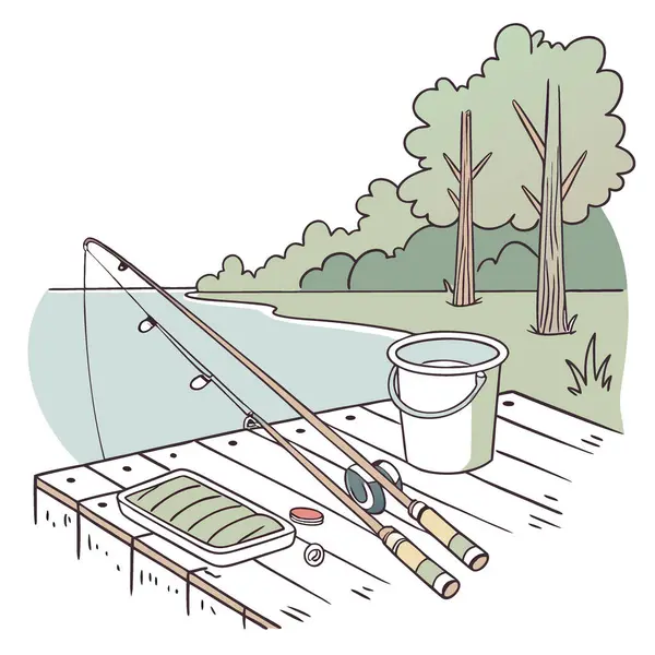 Çubuklarla kurulmuş bir balık tuzağı. Bir kova. Ve tutuş. Yapay zekanın yarattığı sakin bir balık tutma gününe hazırım. Vektör simgesi