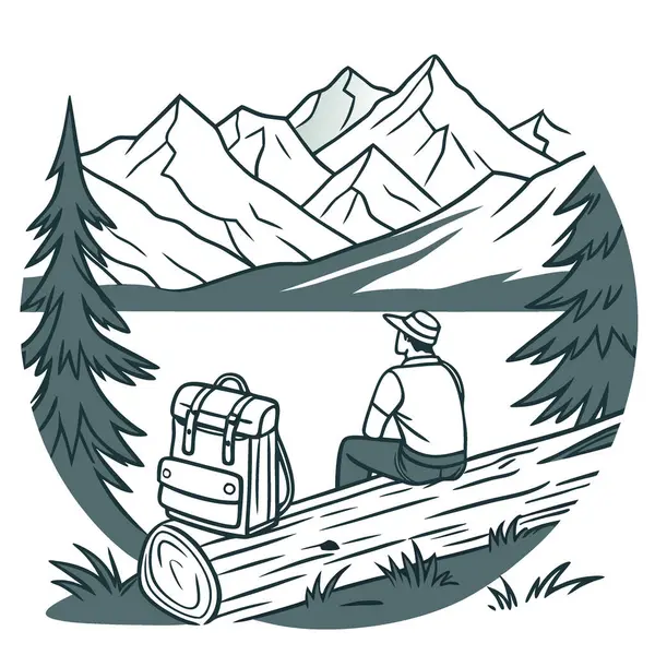 Göl manzaralı ve karlı dağlara bakan bir kütüğe oturmuş macera gezileri. Yapay zeka üretildi. Vektör simgesi
