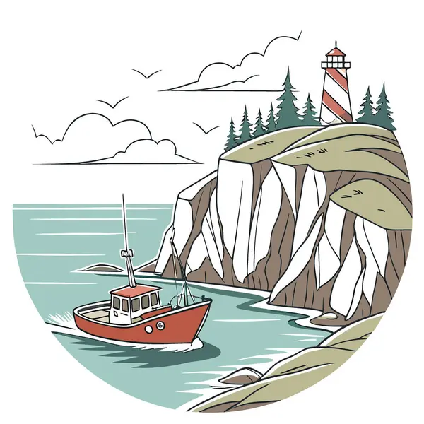 Kayalık kayalıkların ve sakin suların yakınında kırmızı bir balıkçı teknesinin olduğu sakin bir sahil manzarası yapay zeka oluşturdu. Vektör simgesi