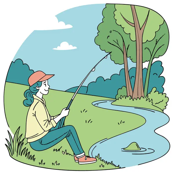 Genç kadın yemyeşil sularla çevrili sakin bir nehirde huzurlu bir balık avının tadını çıkarıyor. Yapay zeka üretildi. Vektör simgesi