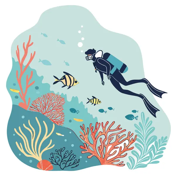 Turkuaz bir denizde canlı mercan resiflerinde yüzen bir dalgıç. Egzotik balıklarla çevrili. Yapay zeka üretildi. Vektör simgesi