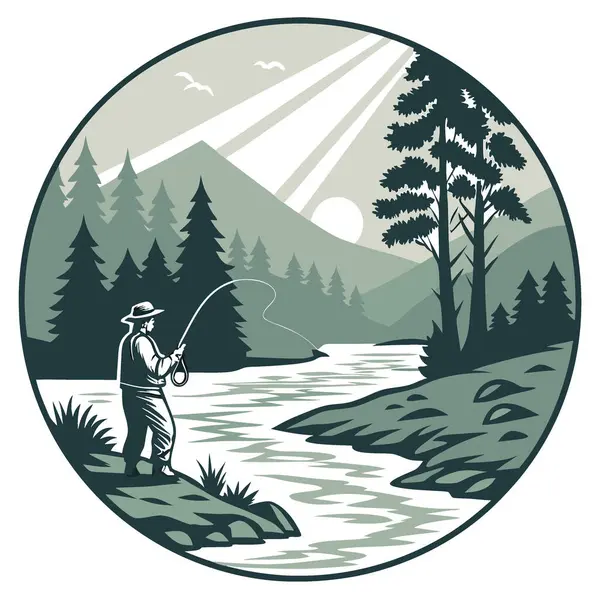 Nehirde heyecanlı bir somon balığı avı macerası. Açık havada balık avlama teknikleri manzaralı. Yapay zeka üretildi. Vektör simgesi