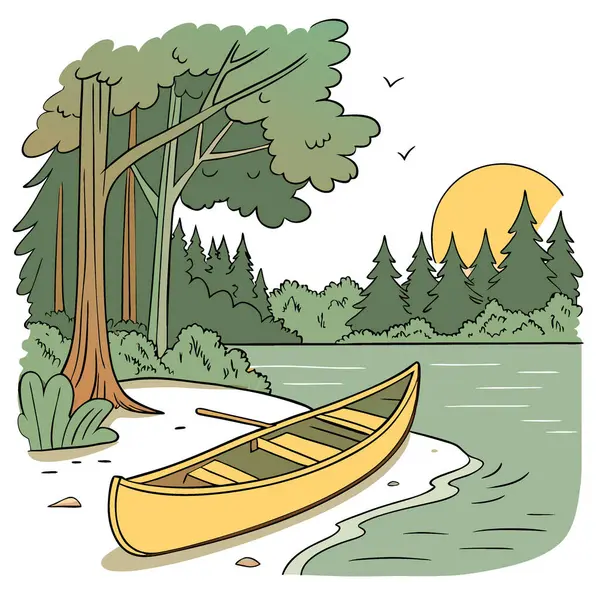 Sakin bir gölün kumlu sahilinde güneşli sarı bir kano. Yeşillik yeşil ormanlarla çevrili yapay zeka üretiyor. Vektör simgesi