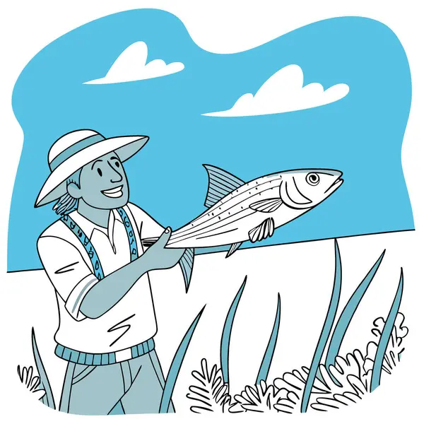 Balıkçı sığ bir yerde yeni yakalanmış bir kemik balığı tutuyor. Parlak mavi gökyüzünün altında berrak bir su. Yapay zeka üretildi. Vektör simgesi