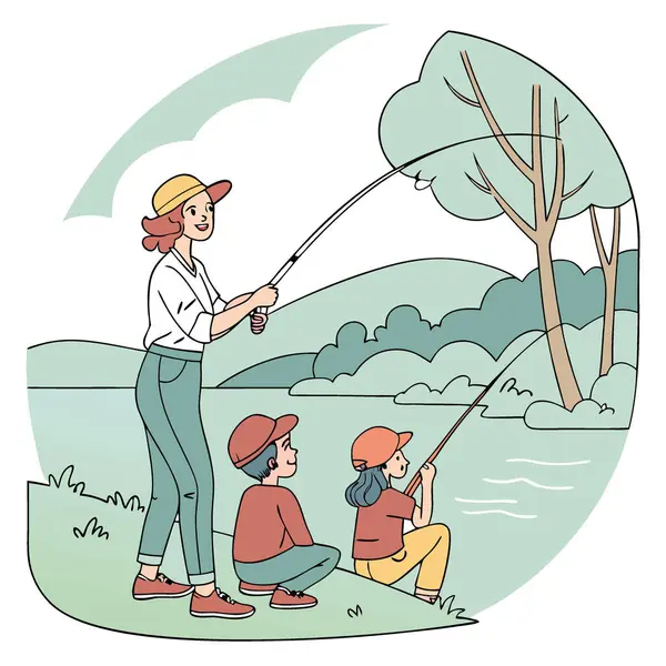 Tatlı su gölü doğası macerasında aile balıkçılığı. Eğlenceli manzaralı kaliteli zaman. Yapay zeka üretildi. Vektör simgesi
