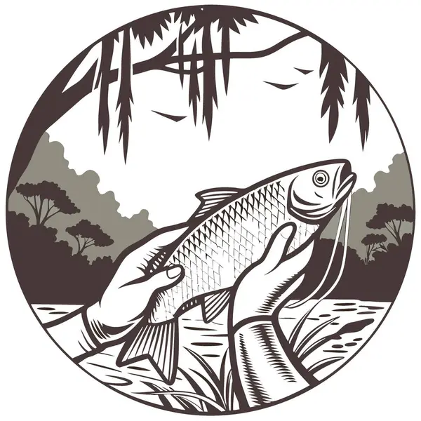 Amazon nehrinin arka planında yapay zeka oluşturduğu taze avları tutan balıkçıların büyüleyici yakın çekimleri. Vektör simgesi