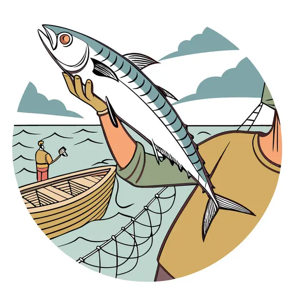 Taze Yakalanmış Uskumru Balık Deniz Ürünleri Balıkçıların Elleri Sahil Balıkçılığı. Yapay zeka üretildi. Vektör simgesi