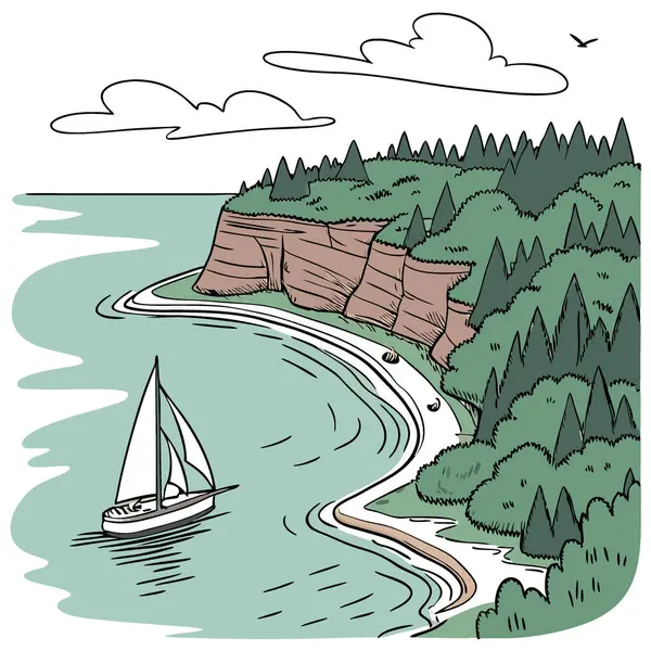 Denize açılan macera, sakin kıyı manzarası, hava manzarası, doğa keşfi, sakin bir ortam. Yapay zeka üretildi. Vektör simgesi