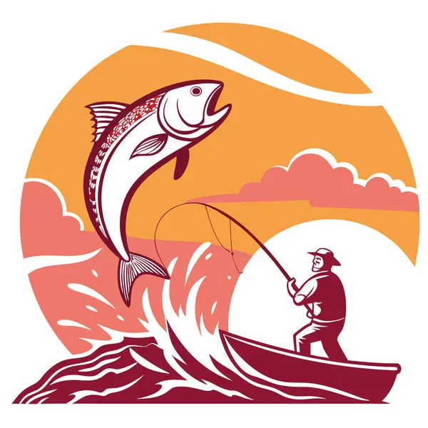 Yapay zekanın yarattığı alevli bir günbatımı arkaplanına karşı atlayan bir balıkla spor balıkçılığı heyecanı. Vektör simgesi