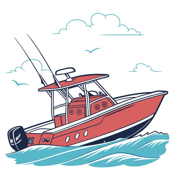 Kırmızı balıkçı teknesi illüstrasyonu gösterişli tasarım ve kıyı maceraları için güçlü motor. Yapay zeka üretildi. Vektör simgesi