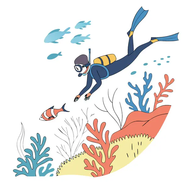 Açık denizde serbest dalış yapan biri. Okyanustaki mercan resifleri ve tropikal balıklar arasında yüzüyor. Yapay zeka üretildi. Vektör simgesi
