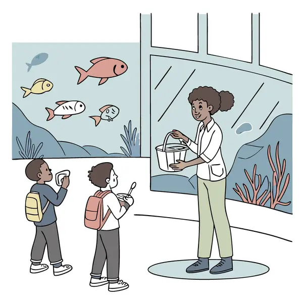 Öğrenciler akvaryuma geziye gitti. Deniz yaşamını izlemek ve bir beslenme gösterisine katılmak. Yapay zeka üretildi. Vektör simgesi