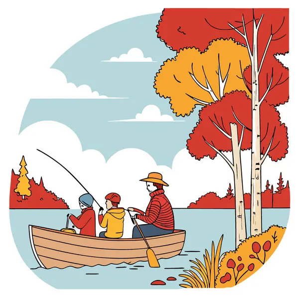 Kiralık bir teknede Aile Balıkçılığı Sersemletici Sonbahar Yeşilliği ile Hafta Sonu Macerası Göl Macerası. Yapay zeka üretildi. Vektör simgesi