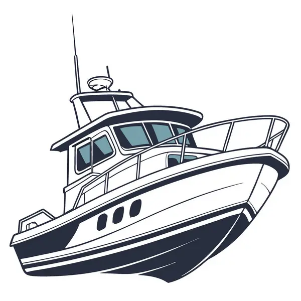 Gösterişli modern balıkçı teknesi beyaz arka planda izole edilmiş gelişmiş tasarımı ve özelliklerini sergiliyor. Yapay zeka üretildi. Vektör simgesi