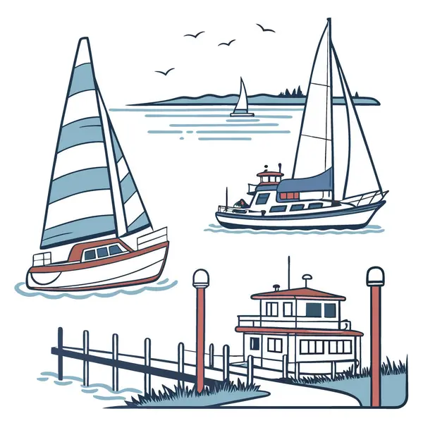 Münferit yelkenli resimleri olan modern bir tabela. Yatlar. Buharlı gemi. Yapay zekanın ürettiği bir limanda balıkçı tekneleri. Vektör simgesi