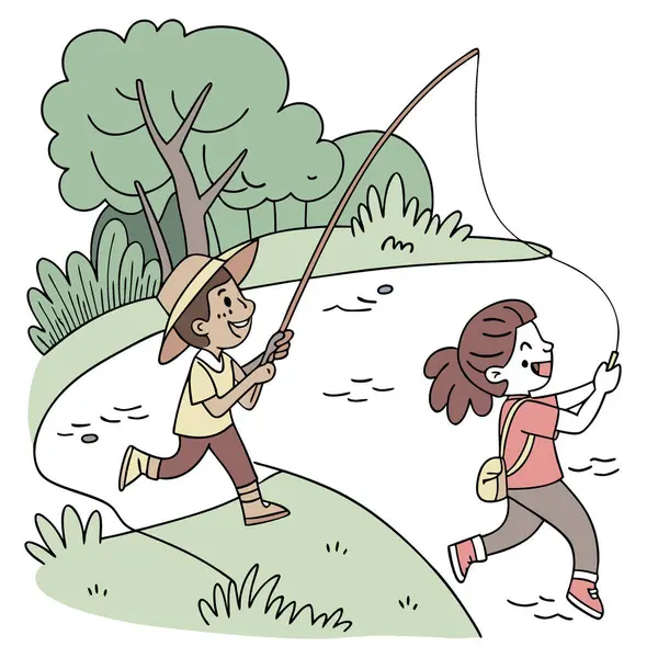 Heyecanlı çocuklar oltalarını kontrol etmek için yarışıyorlar. Nehirde Macera ve Beklenti Anı. Yapay zeka üretildi. Vektör simgesi