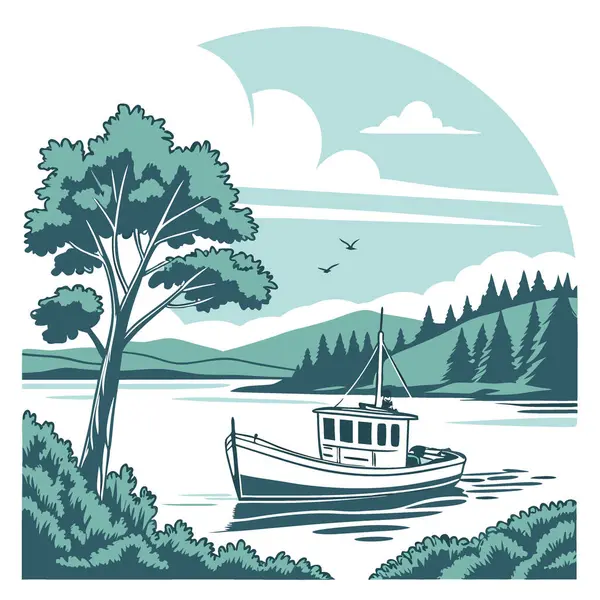 Sakin Bir Balıkçı Teknesinin Huzurlu Sahnesi Sakin Sularda Anchored Çevrelenmiş Doğal Arka plan. Yapay zeka üretildi. Vektör simgesi